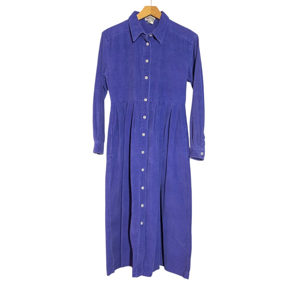 Vtg Women Size 6 Midi Dress Purple Corduroy Button Front Long Sleeve Pleated